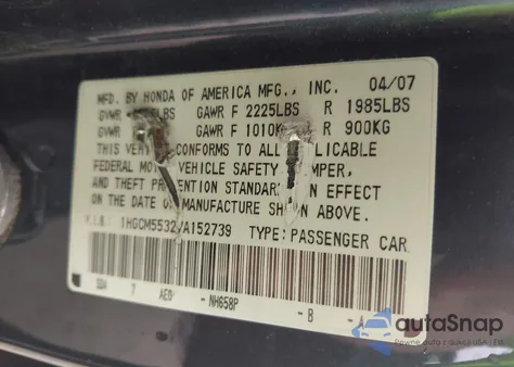 2007 Honda Accord 2.4 Se из США, поврежденный, VIN 1HGCM55327A152739